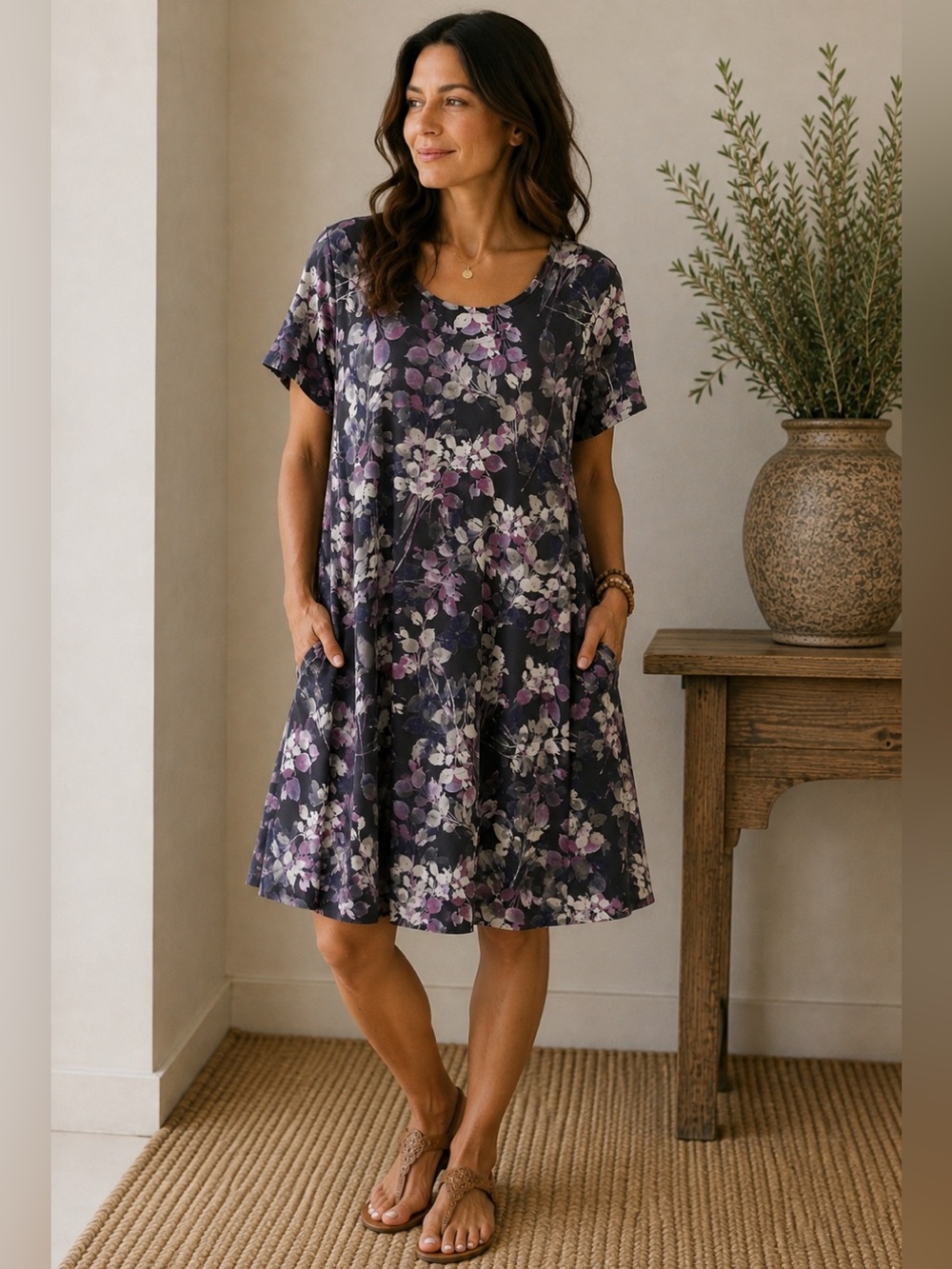 J.Jill Size M Floral A-Line Swing Dress Pima Cotton Modal Pockets Casual